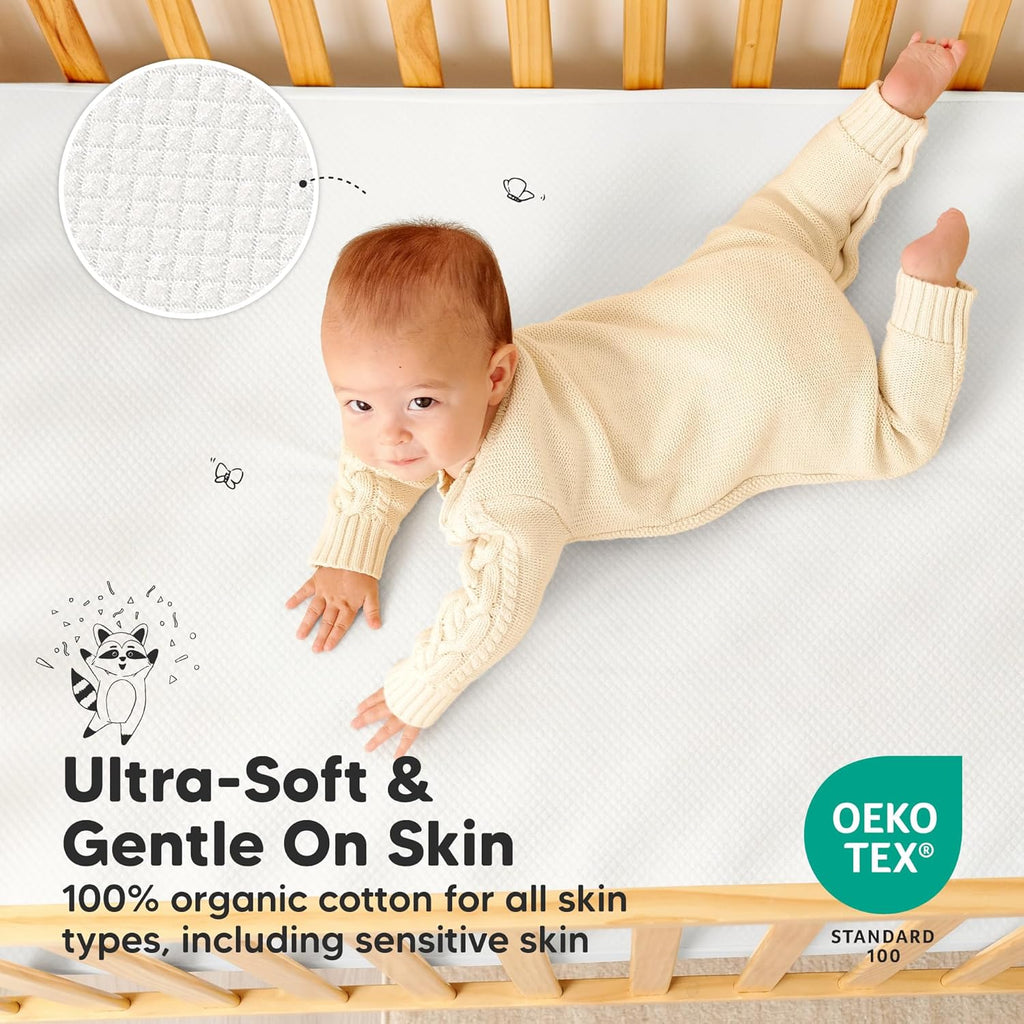 Skiennix Waterproof Crib Mattress Protector Cover - Soft Quilted Cotton Pad, 52" x 28", Machine Washable, Easy Fit