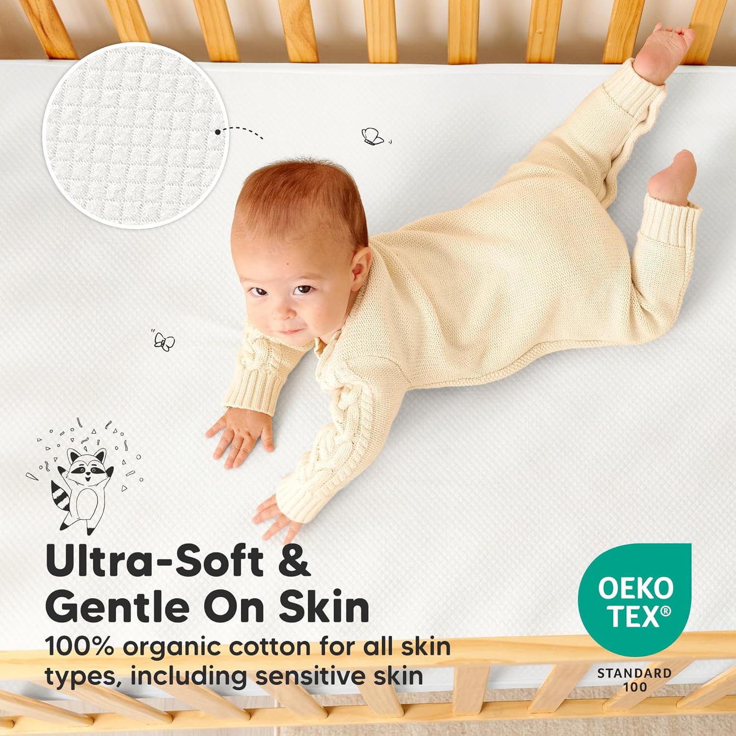 Skiennix Waterproof Crib Mattress Protector Cover - Soft Quilted Cotton Pad, 52" x 28", Machine Washable, Easy Fit