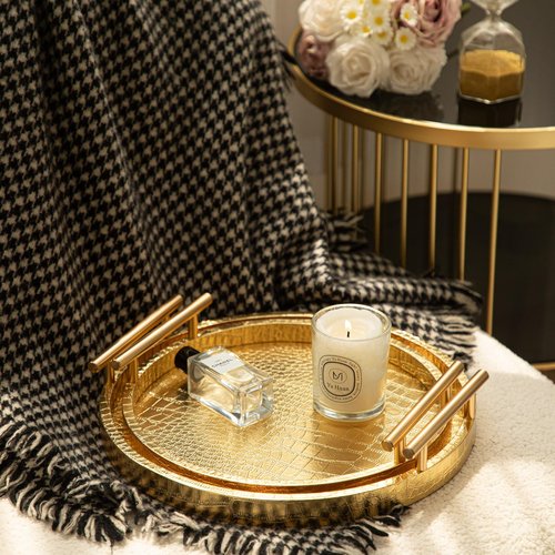 JUMBO HUMBLE Modern Decorative Tray Set of 2, Wooden Round Crocodile Leather Tray with Polished Metal Handles, Decorative Serving Trays Coffee Table Trays Ottoman Platter for Home Decor (Golden)