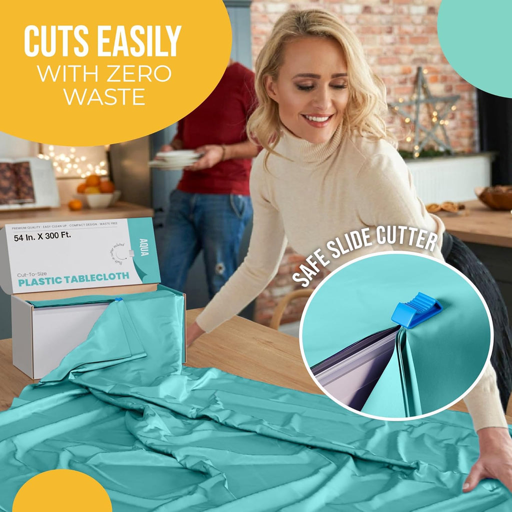 Party Solids Aqua Plastic Table Cover Roll - 54 Inch x 300 Feet with Slide Cutter for Easy Cutting