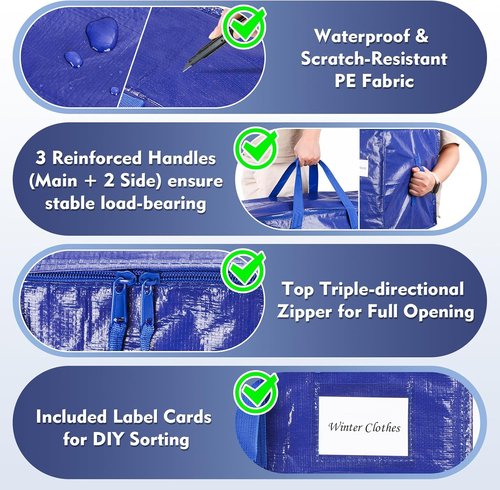 KYODOLED Heavy Duty Blue Moving Bags - 6 Pack Large Storage Totes with Strong Zipper & Comfortable Handles