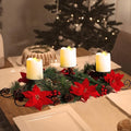 MorTime Christmas Centerpiece - 3 Candle Holders with Red Flowers, Berries & Pinecones | Indoor Holiday Decor