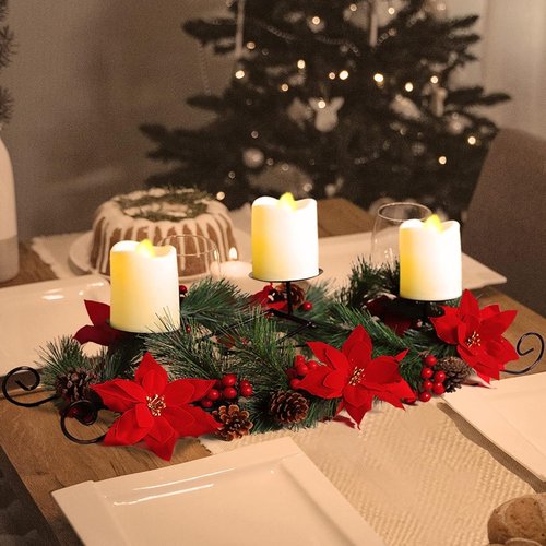 MorTime Christmas Centerpiece - 3 Candle Holders with Red Flowers, Berries & Pinecones | Indoor Holiday Decor