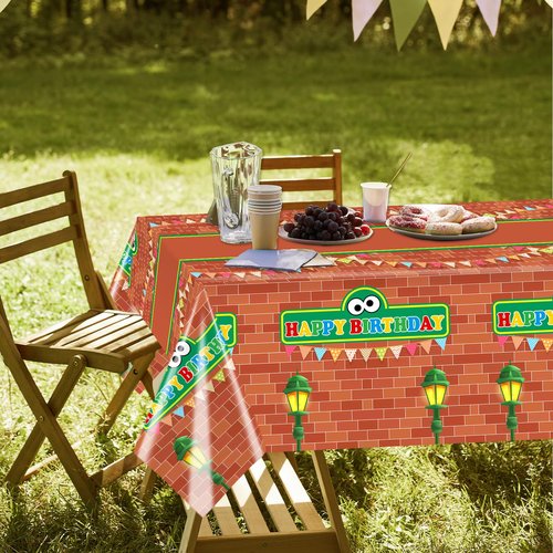 Tewess 3 Pieces Red Brick Wall Street Disposable Tablecloths Cartoon Street Happy Birthday Waterproof 54x108IN Table Covers for Kids Boys Birthday Party Decorations