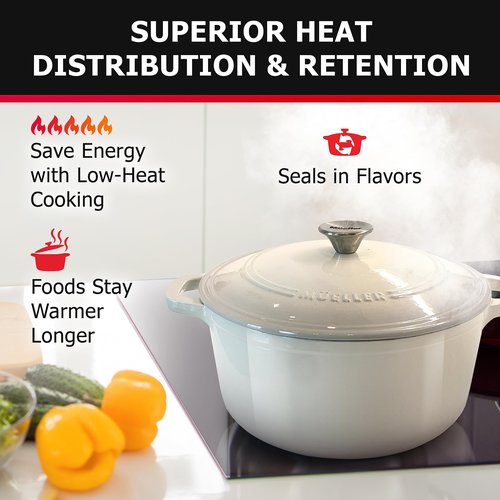 Mueller 6qt Enameled Cast Iron Dutch Oven, Heavy-Duty Casserole and Braiser Pan with Lid and Knob, Oven-Safe up to 500° F & Across All Cooktops, White