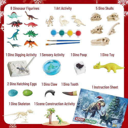 Dinosaur World Advent Calendar - 24 Days of Prehistoric Surprises with Dino Figurines & Fossil Dig | Perfect Christmas Gift for Kids