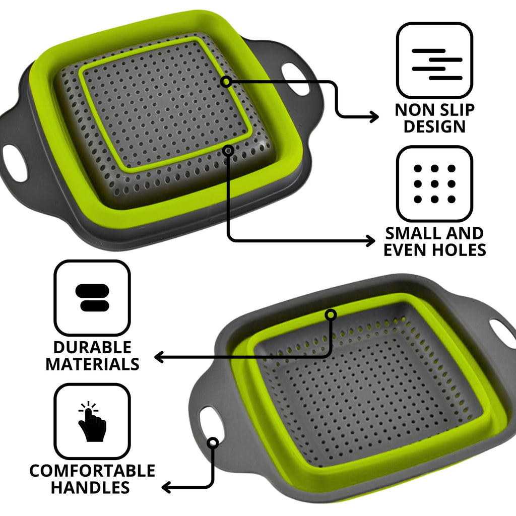 Square Collapsible Colander with Handles – Green Square Silicone Kitchen Strainers with Plastic Handles Foldable Kitchen Strainer Perfect for Draining Pasta Vegetable and Fruit Green