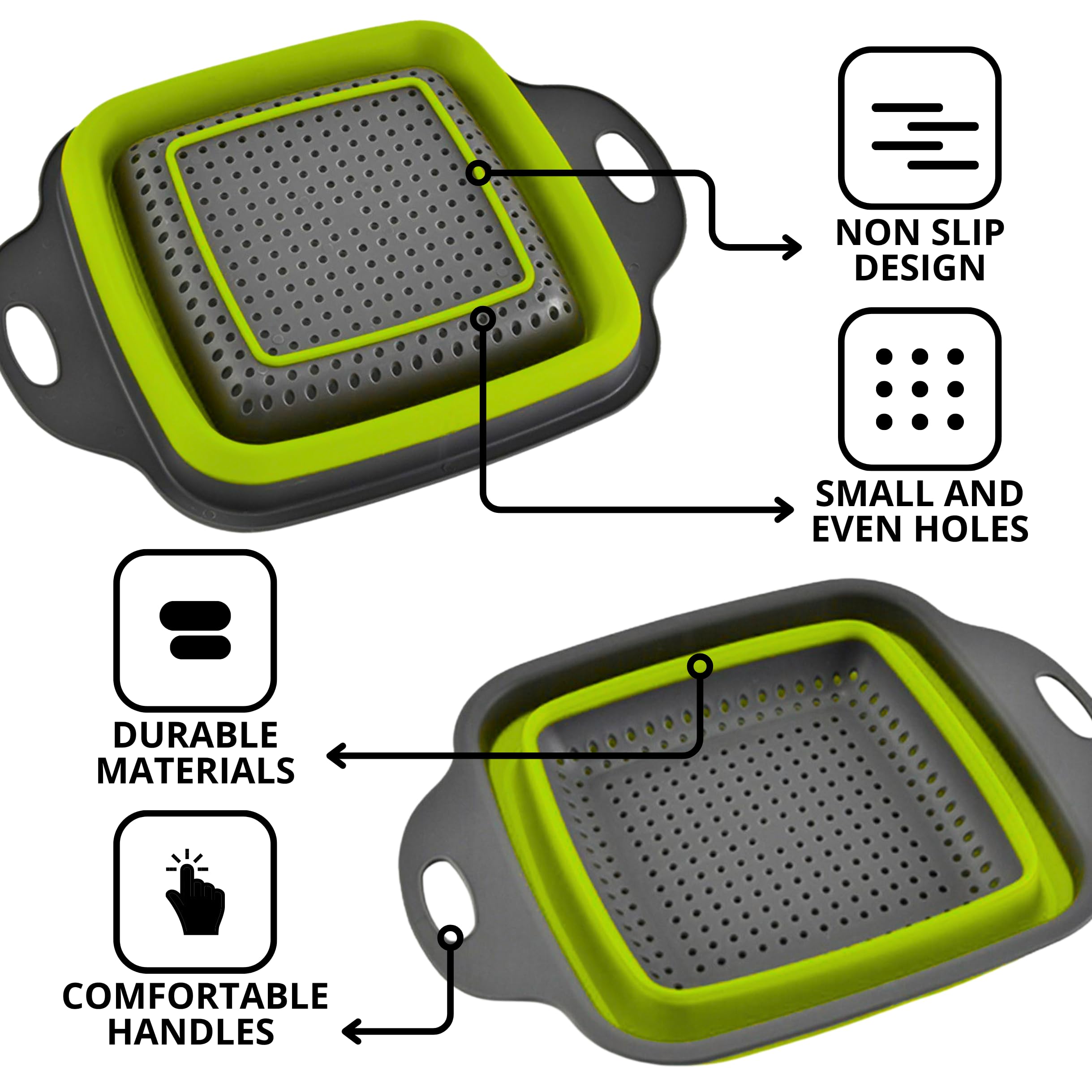 Square Collapsible Colander with Handles – Green Square Silicone Kitchen Strainers with Plastic Handles Foldable Kitchen Strainer Perfect for Draining Pasta Vegetable and Fruit Green