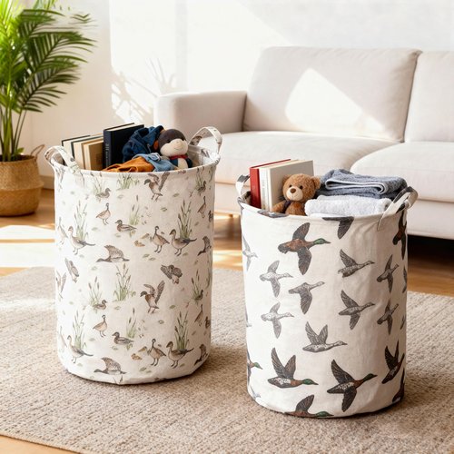 Weysat 4 Pcs Mallard Duck Laundry Basket Round Laundry Hamper Easter Basket Stuffer Waterproof Collapsible Clothes Storage Bin Organizer with Handles for Home Closets Bedrooms Nursery Room Decor