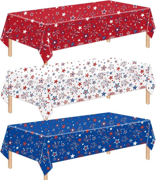 3 Pcs Patriotic Tablecloth | 4th of July Red, White & Blue Disposable Table Cover - 54 x 108 Inch