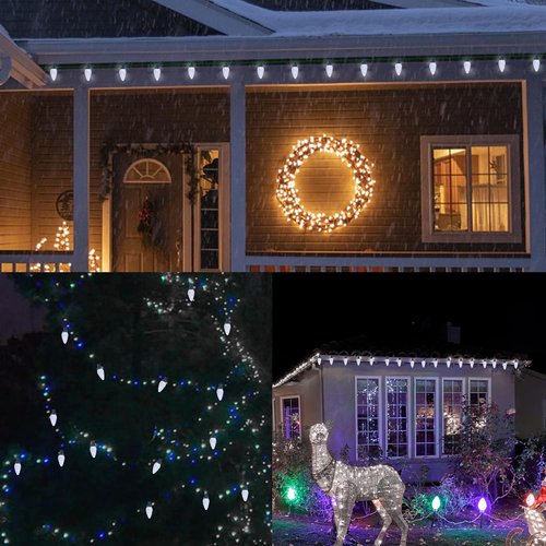 C9 Christmas Lights - 50 LED Faceted String Lights | 24.5 FT Connectable, UL Certified, Cool White for Indoor/Outdoor Use