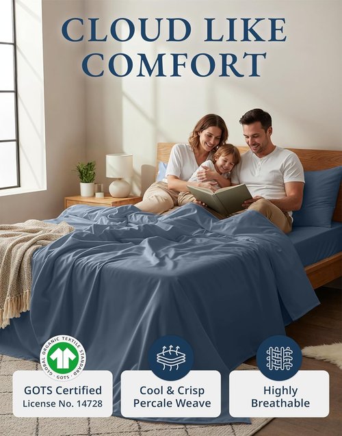 **LANE LINEN 100% Organic Cotton King Size Sheets - Soft Percale, Breathable Luxury, 15" Deep Pocket - Estate Blue**