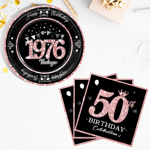 algpty 60 PCS Vintage 50th Birthday Plates and Napkins Set, 50th Birthday Decorations Rose Gold, Service for 30, 1976 Birthday Dessert Plates and Napkins Party Supplies for Women