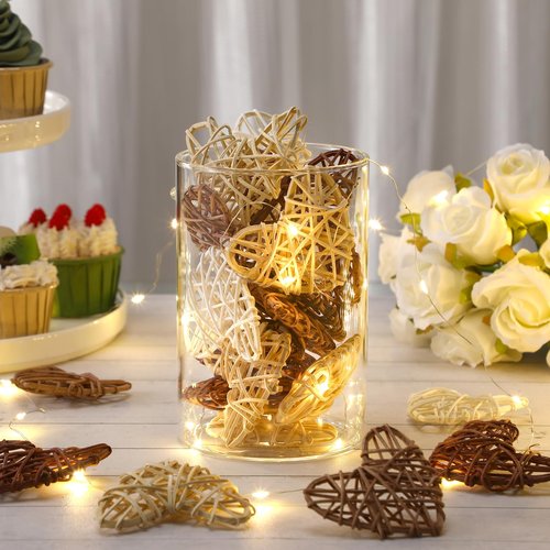Vercraft 24 Pcs Neutral Valentine's Day Heart Rattan Ornaments 2.75 Inch Valentine Wicker Rattan Heart DIY Farmhouse Vase Bowl Fillers for Valentines Wedding Xmas Tree Ornament Baby Shower Party Decor