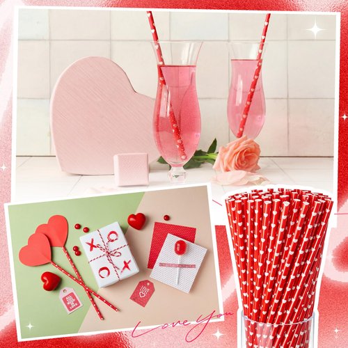 Honeydak 100 Pieces Valentine's Day Reusable Straws Bulk 9" Red Heart Hard Plastic Drinking Straws for Beverage Cocktail Mason Jar Tumbler Valentine's Day Birthday Love Party Supplies