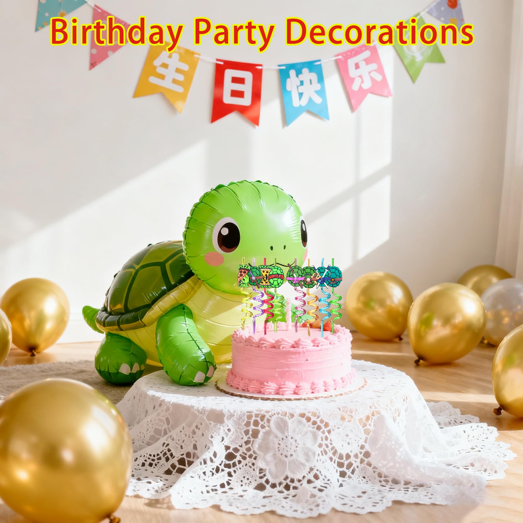 Reusable Ninja Green Turtles Themed Party Straws - 24 PCS Plastic Turtles Drinking Straws for Kids Birthday Party Decorations - Party Favors- Party Supplies with 2 Clean Brushes LEDUO