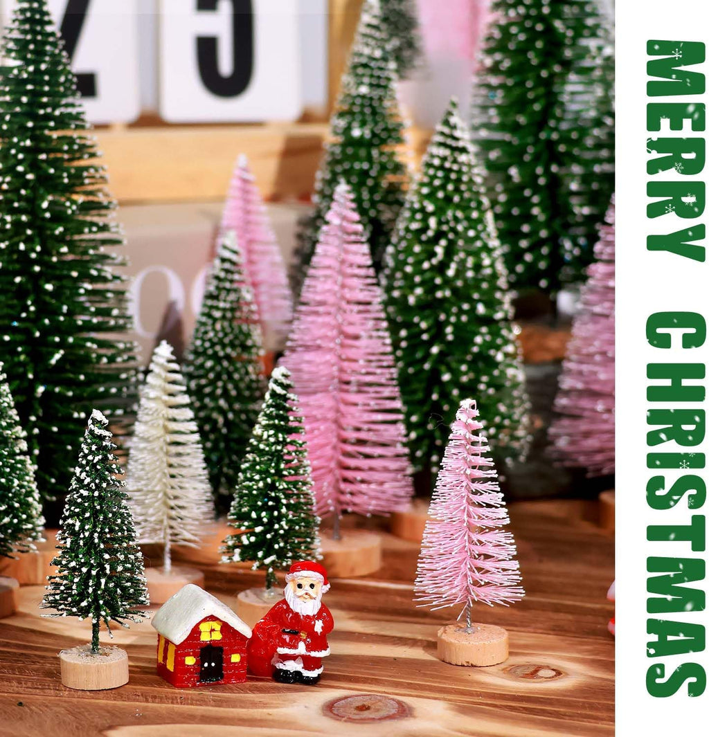 Skiennix 30Pcs Mini Christmas Trees - Artificial Bottle Brush Trees with Wooden Base for Holiday Decor | Green, Beige, Pink