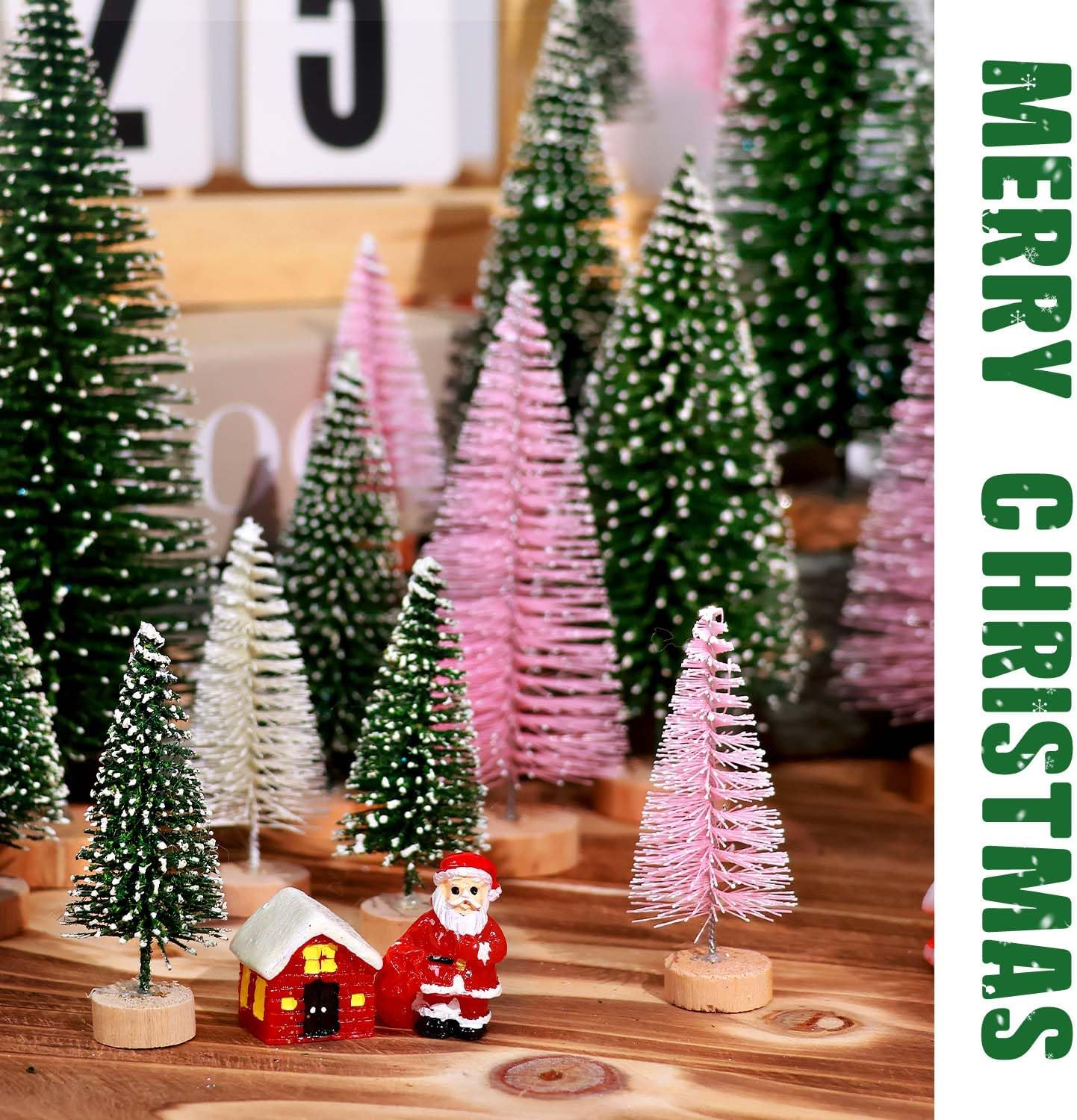 Skiennix 30Pcs Mini Christmas Trees - Artificial Bottle Brush Trees with Wooden Base for Holiday Decor | Green, Beige, Pink