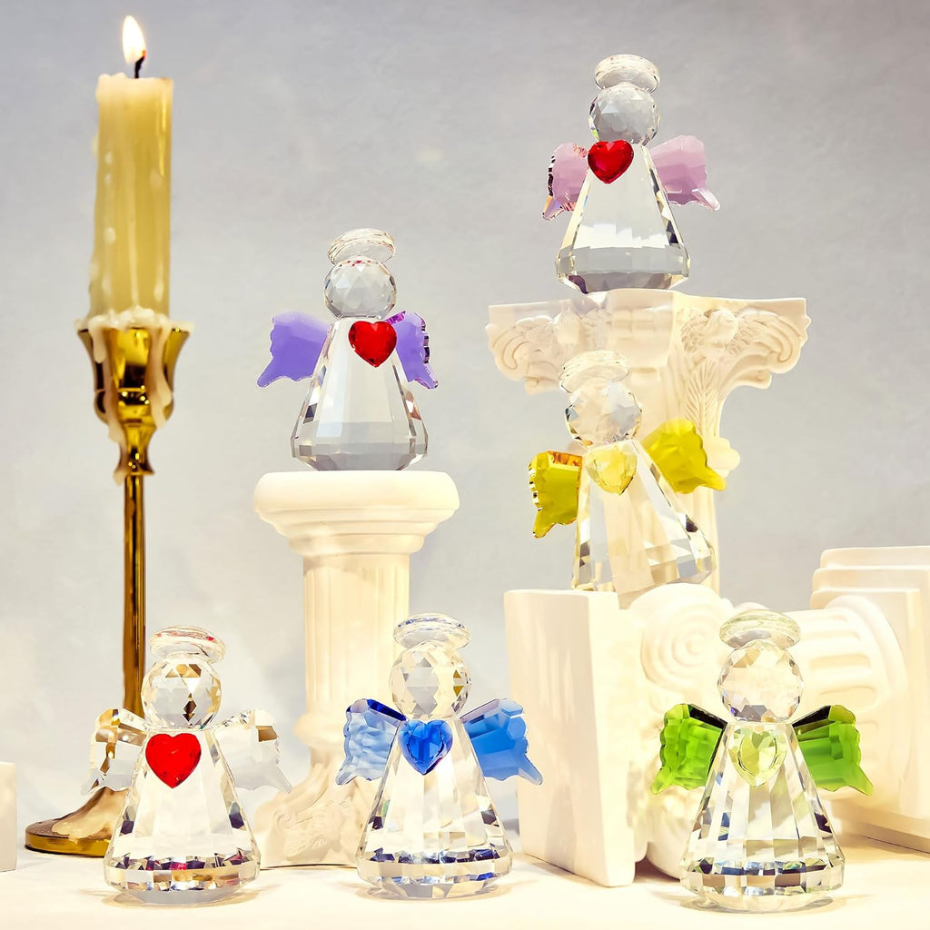 Crystal Guardian Angel Figurine Set - 6 Handcrafted Glass Ornaments for Home Decor | 2.5” Tabletop Collection