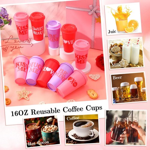 Ferrochef 24pcs Valentine Day Conversation Coffee Cups Mugs Gift Bulk 16oz Galentine Day Reusable Plastic Tumbler with Lids for Women Galentine Party Supplies Hot Cold Drinks (Love Lettering)