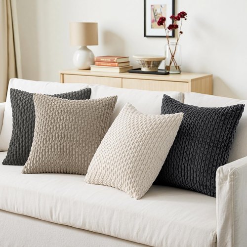 MIULEE Decorative Throw Pillow Covers - Soft Corduroy Striped Design | Set of 4, 18x18 Inch, Neutral Grey