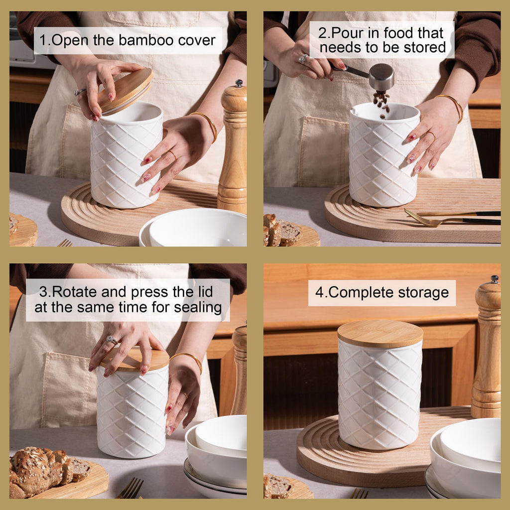 Sweejar Ceramic Canisters Sets for Kitchen Countertop, Relief Food Storage Jar with Bamboo Lid, Stackable Container for Flour, Coffee, Pasta, Cereal, Tea, Sugar, Spices, Pack of 4 (Walnut White)