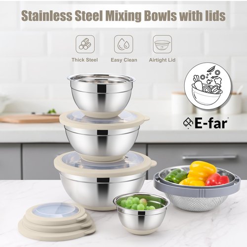 E-far Mixing Bowls with Lids Set, 15PCS Stainless Steel Mixing Nesting Bowl with Colander & 3 Metal Grater for Kitchen Prep/Baking/Storage, Non-Slip Bottom & Airtight Lid, 4.6, 3, 1.5, 1, 0.7QT, Khaki