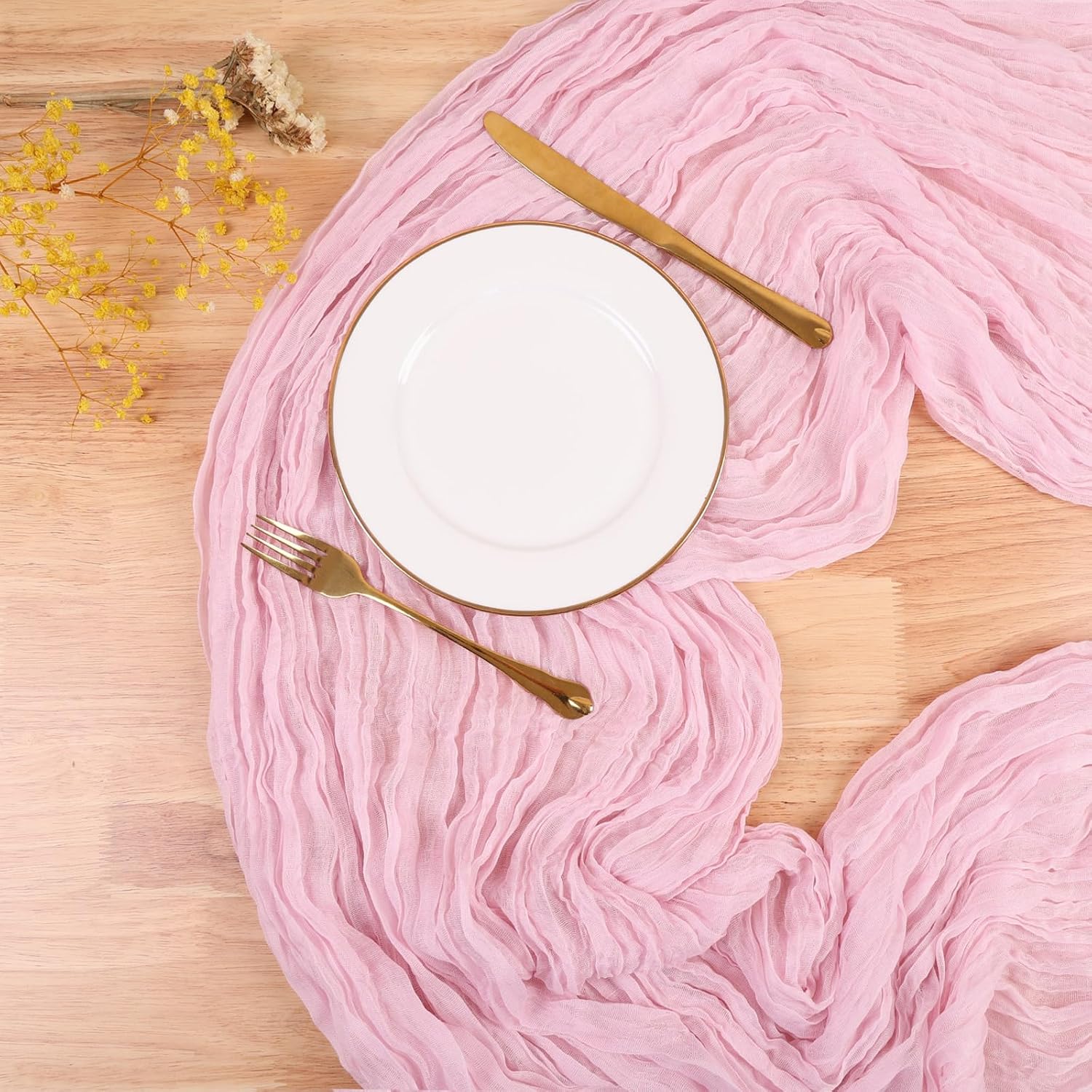 TuTive Light Pink Cheesecloth Table Runner - Boho Sheer Design for Weddings & Events | 13.3FT