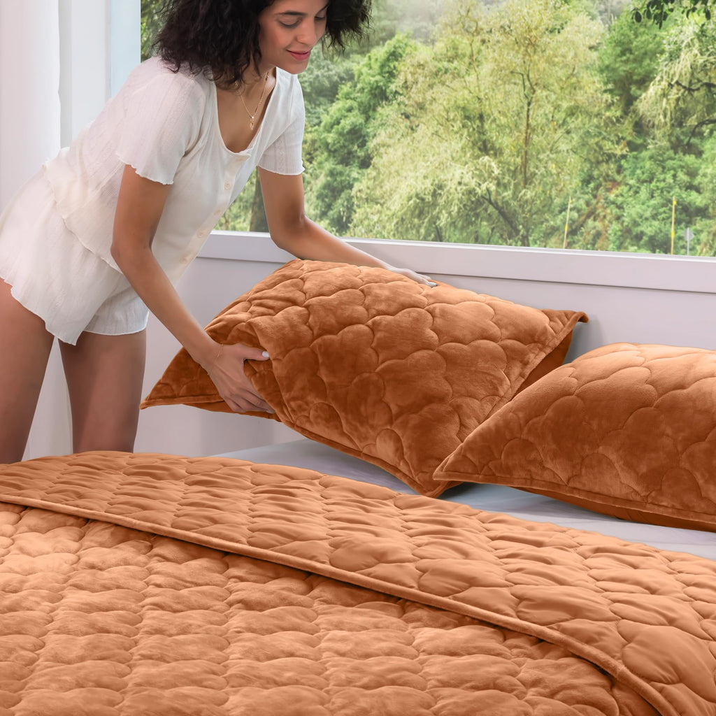 PlushHavenCloud Velvet Quilt Set Queen Size - Luxury Lightweight Velvet Bed Comforter & 2 Pillow Shams | Oversized Coverlet Bedspread 3 Piece | Oeko-TEX All Season Bedding Caramel