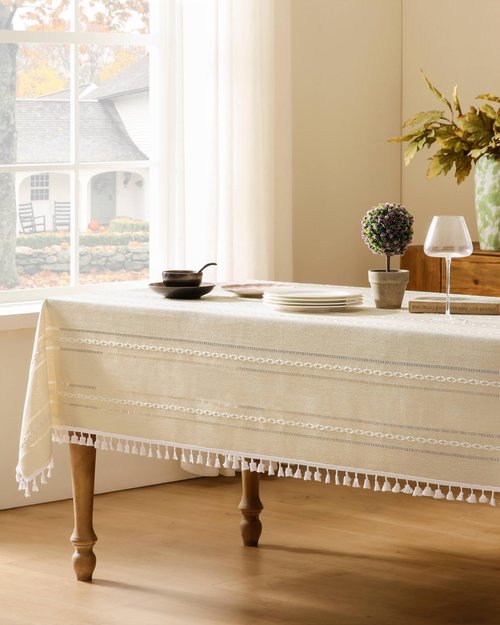 ZeeMart Hemstitched Embroidery Striped Boho Tablecloth 60x104 Inch Beige, Heavy Weight Farmhouse Burlap Linen Beige Tablecloth, Wrinkle Resistant Washable Table Cloth for Rectangle Table