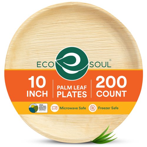 ECO SOUL Palm Leaf Like Bamboo Plates, 10 Inch Round, 200 Pack, Bulk Disposable Dinner Plates, Compostable Biodegradable Natural Wooden Dinnerware for Parties, Weddings & Catering Events