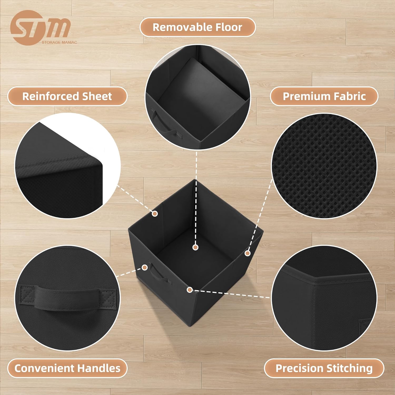 Storage Maniac Storage Cubes - 13 Inch Collapsible Bins with Handles | 8-Pack Durable Black Fabric for Organization