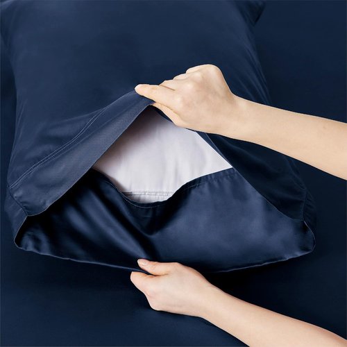 Bedsure Cooling Twin Sheets - Breathable Rayon from Bamboo, Soft & Silky, Deep Pocket Up to 16 Inches, Navy