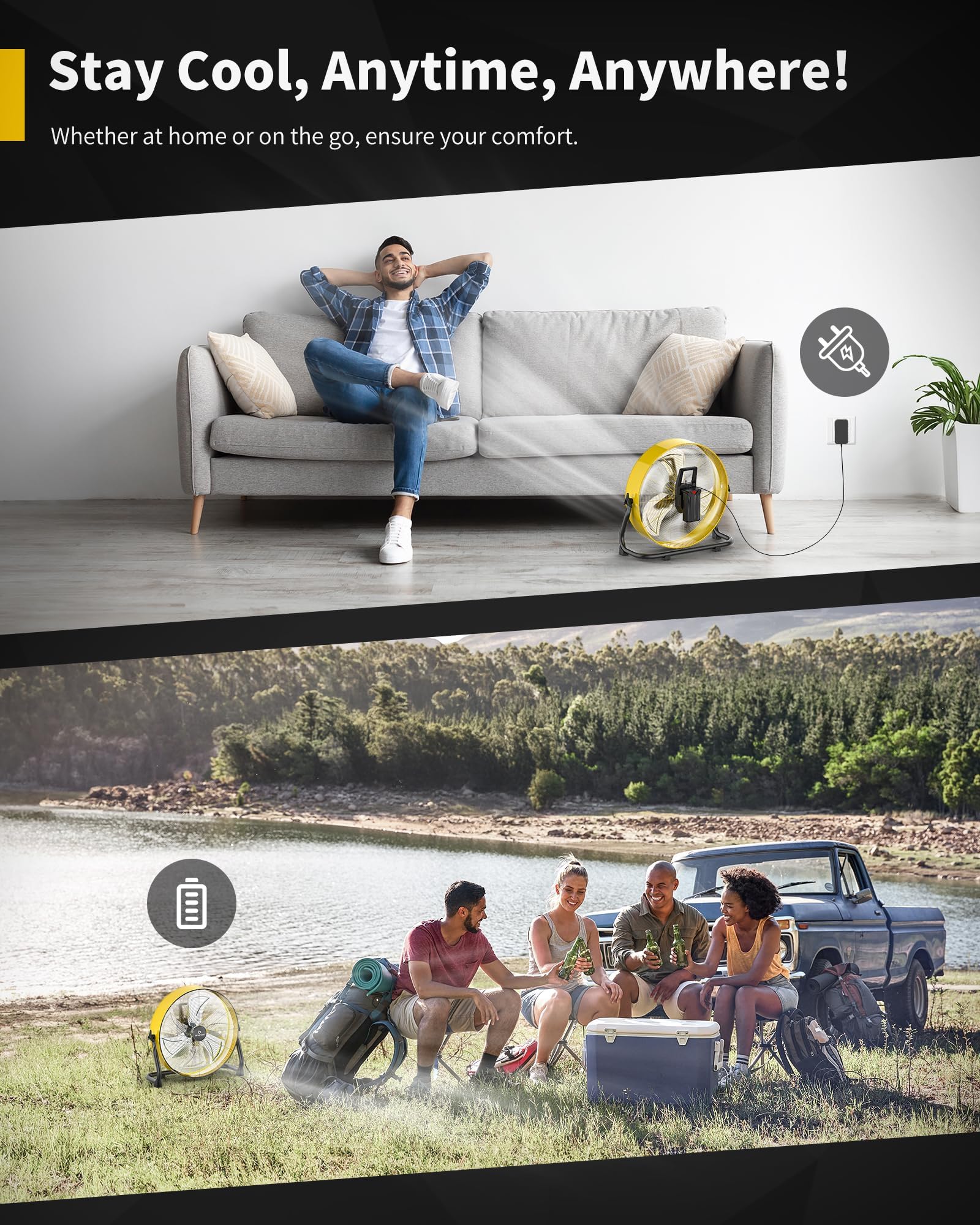 Airvention 15600mAh Rechargeable Battery Operated Drum Fan, 12 inch Yellow Industrial High Velocity Floor Fan, Shop Fan for Camping Gym Garage Outdoor Indoor, AI-F600Y