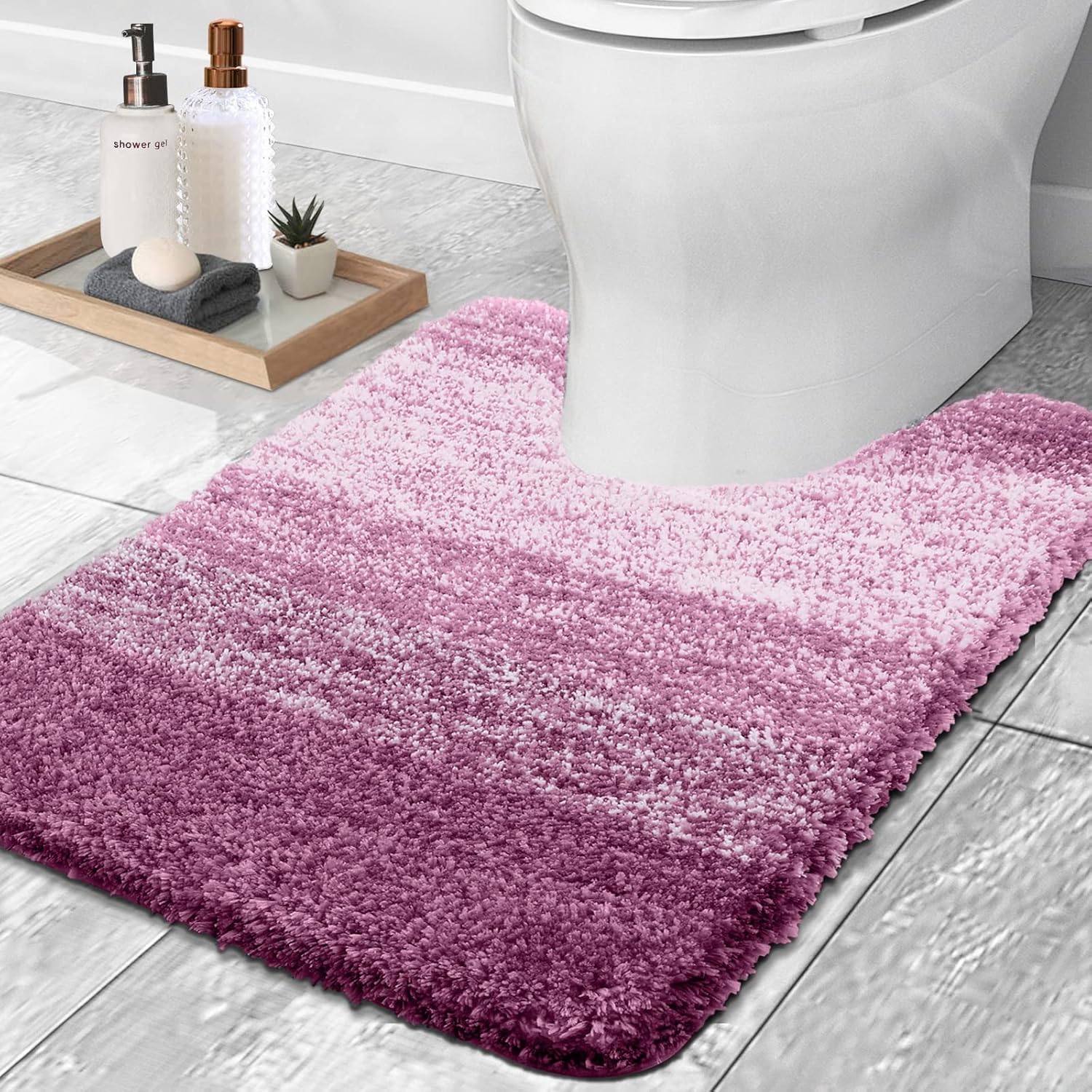 OLANLY Luxury Toilet Rugs - Extra Soft Microfiber U-Shaped Bath Mat 24x24 | Non-Slip Pinkish-Purple