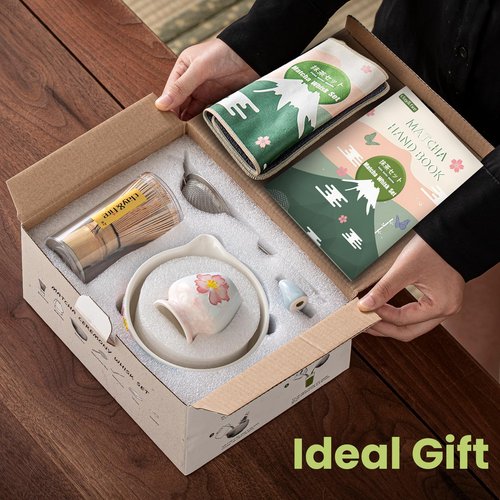 Clay&Fire Matcha Whisk Set，9 Pcs Ceramic Matcha Set, 15 OZ Matcha Bowl with Spout and Whisk，Matcha Kit for Friend, Ideal Gift for Matcha Lover（Cherry Bloom）