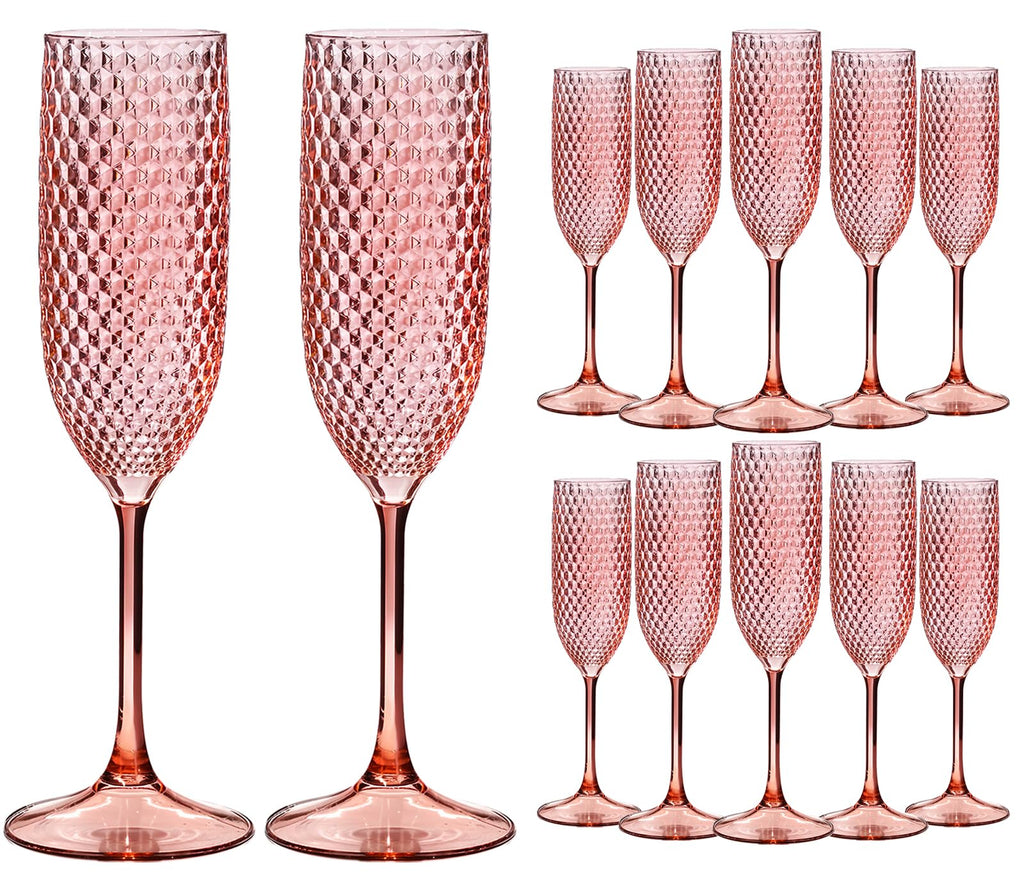 ZOMUIA 12 Pack Plastic Champagne Glasses Unbreakable Champagne Flute Acrylic Wedding Toasting Crystal Goblets Reusable Diamond Wine Glasses for Wedding Anniversary Birthday Party, Amber Gold 5.5 oz