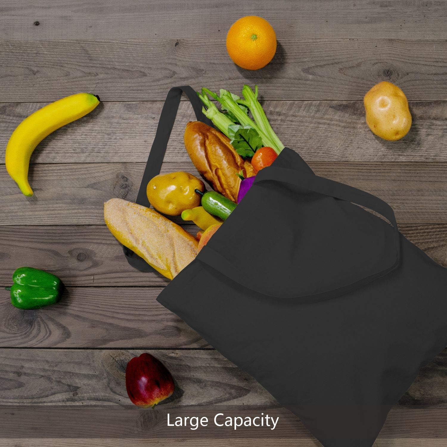 TOPDesign Black Cotton Tote Bags - 5-Pack Lightweight Reusable 16"x15" for Grocery, DIY & Promotions