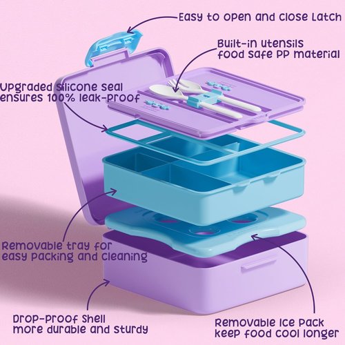 Fimibuke Bento Box - Leak Proof Lunch Container with Ice Pack | BPA Free, 4 Compartments, Kids & Adults
