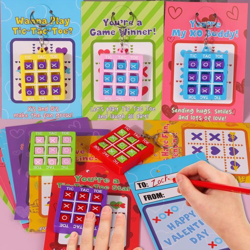 24 Pack Valentines Day Gifts for Kids Classroom Tic Tac Toe Game Keychains with Valentines Day Cards for Kids School, Valentines for Kids Class Exchange Cards Gifts Prizes Party Favors for Boys Girls