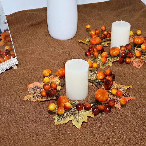 Fall Candle Rings by [Brand Name] - 3.5-Inch Decorative Taper Candle Holders with Maple Leaves & Pumpkins | Autumn Harvest Decor (Set of 3)