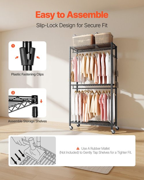 VEVOR Rolling Clothes Rack, Heavy Duty Clothing Garment Rack, 3 Adjustable Tiers Clothing Racks with Carbon Steel, 450 lbs Load Capacity Closet Wardrobe for Bedroom, Clothing Store, Hallway