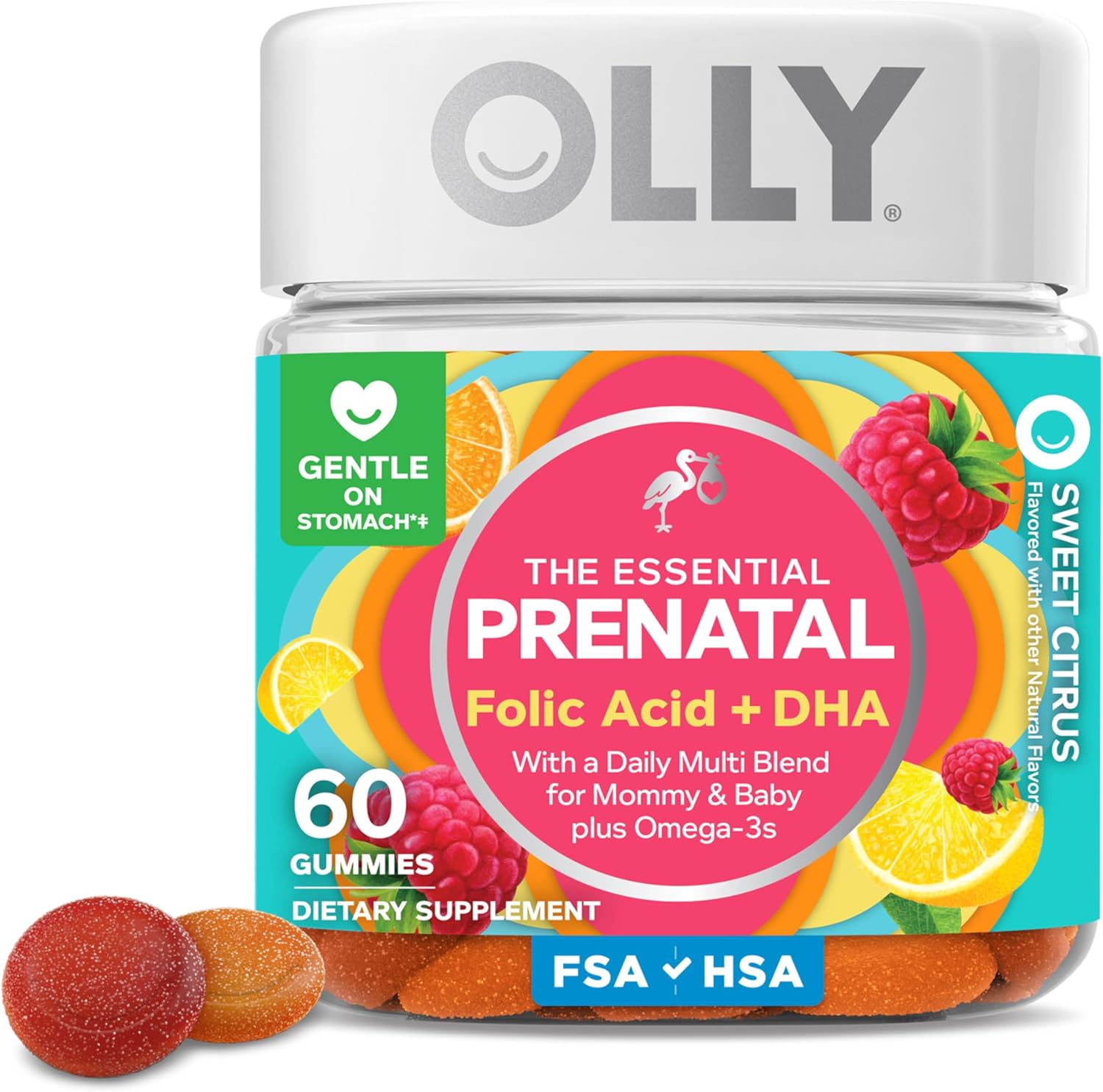OLLY Prenatal Multivitamin Gummies - Daily Blend for Mommy & Baby with Folic Acid, Omega 3 DHA, Sweet Citrus Flavor | 60 Count