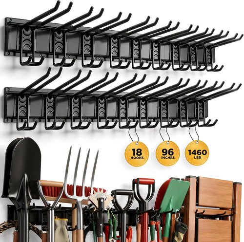 ELEAD Heavy Duty Garage Tool Organizer - 18 Pairs Wall Mount Hooks | Adjustable for Garden & Shed, 96 Inches, 1460 lbs Capacity