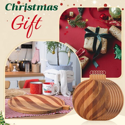 Fiwochic Set of 6 Christmas Round Cutting Boards Bulk Acacia Wood Charcuterie Cheese Serving Trays Holiday Party Platters with Engraved Swirl Stripe Pattern for Xmas Houseraming Kitchen Gifts(12 Inch)