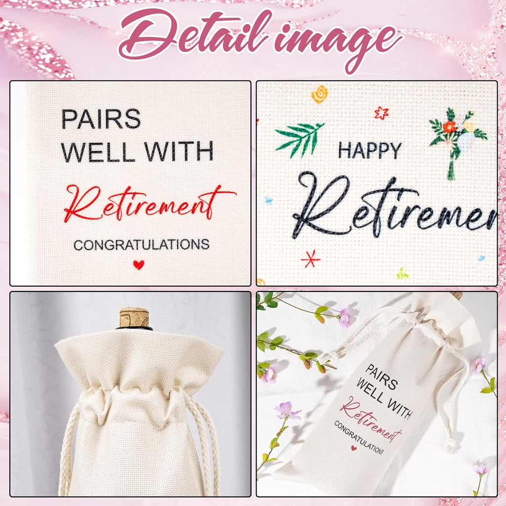 Retirement Wine Bag Farewell Gifts - Going Away Gifts for Retirees, Friends, Coworkers, Boss, Teachers, Employees, Women, Floral Drawstring Burlap Wine Bottle Bag for Retired, Goodbye, New Beginnings