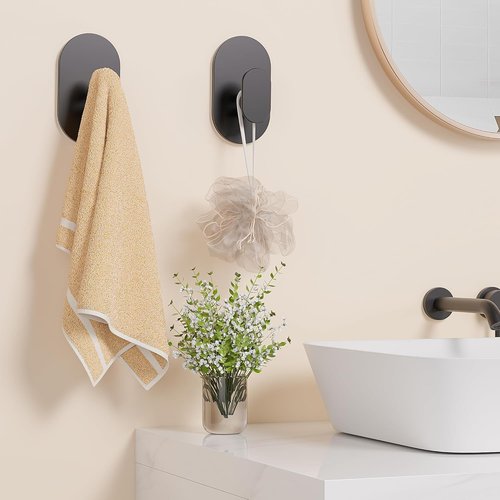 Aikzik Adhesive Towel Hooks - Heavy Duty 26LB Wall Hooks for Bathroom & Shower | 4 Pack, Matte Black