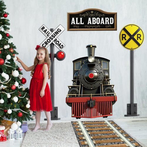 Train Party Decoration Train Theme Door Banner Backdrop Railroad Track Aisle Runner Traffic Crossing Sign Background Fabric for Transportation Birthday School Classroom Home Baby Shower Supplies