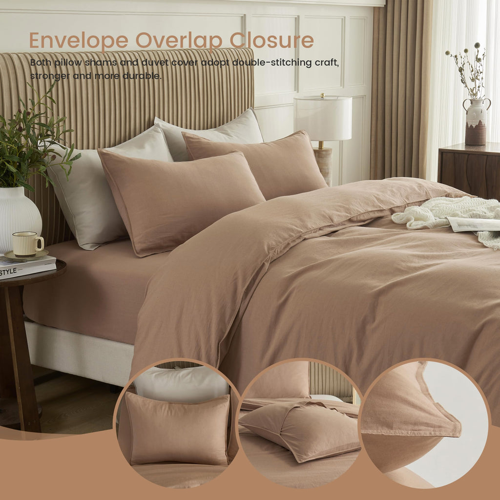 BISELINA French Linen Duvet Cover Set 3pcs Embroidered Willow Leaf 55% Flax 45% Cotton Blend Soft Breathable Luxury Bedding (Queen, Embroidery Navy Blue)