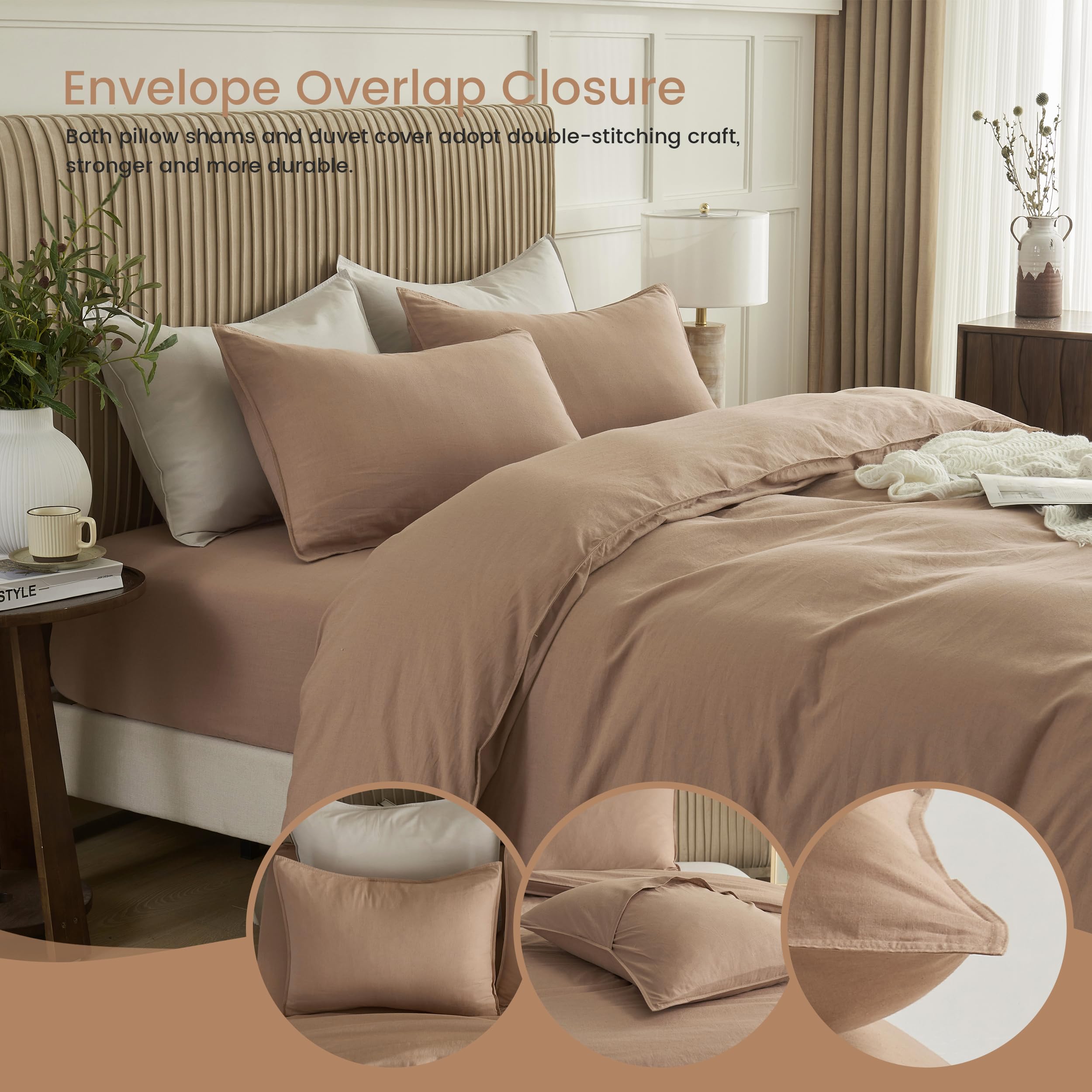 BISELINA French Linen Duvet Cover Set 3pcs Embroidered Willow Leaf 55% Flax 45% Cotton Blend Soft Breathable Luxury Bedding (Queen, Embroidery Navy Blue)